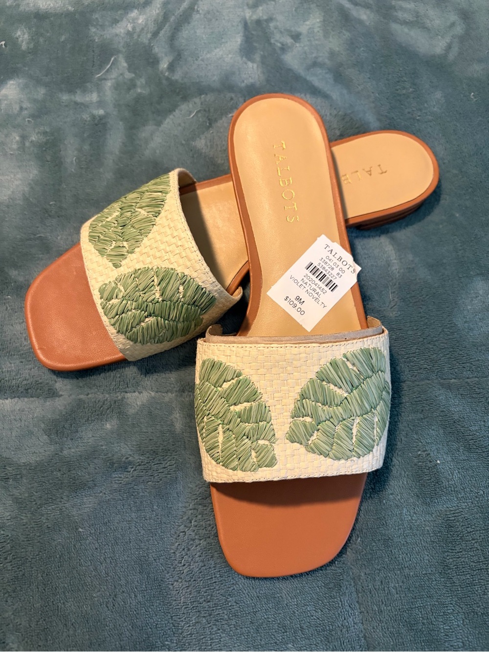 Talbots Cream Slide Sandals with Green Leaf Embroidery